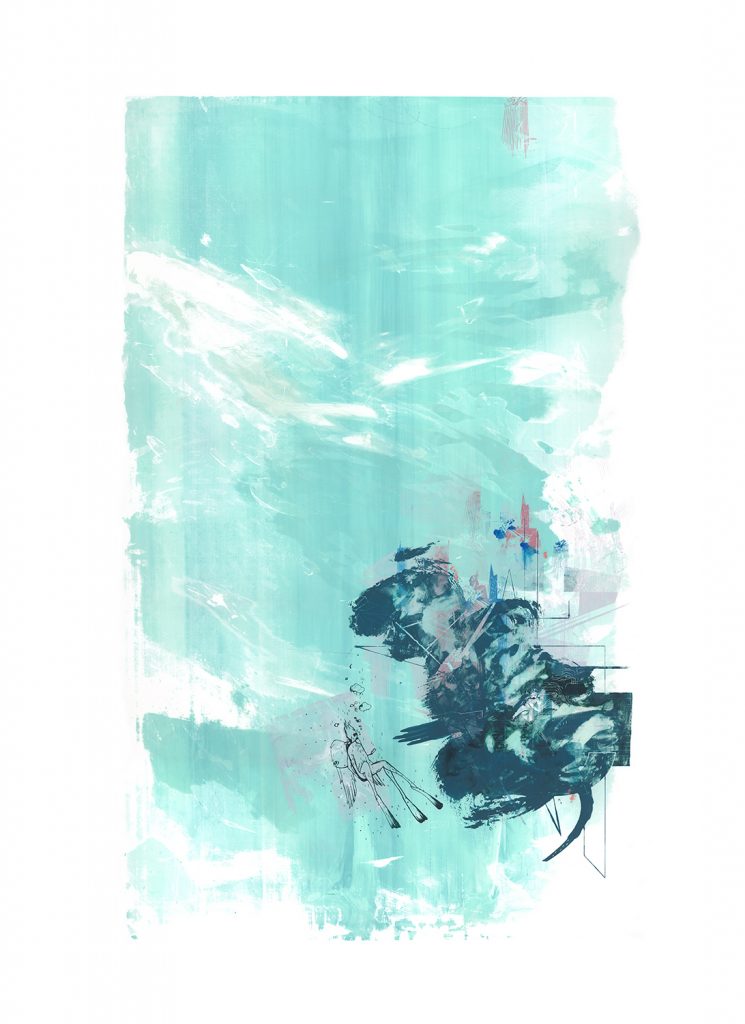 Aqua landscape with abstract dark shapes and many limbed scuba diver approaching swirling mass